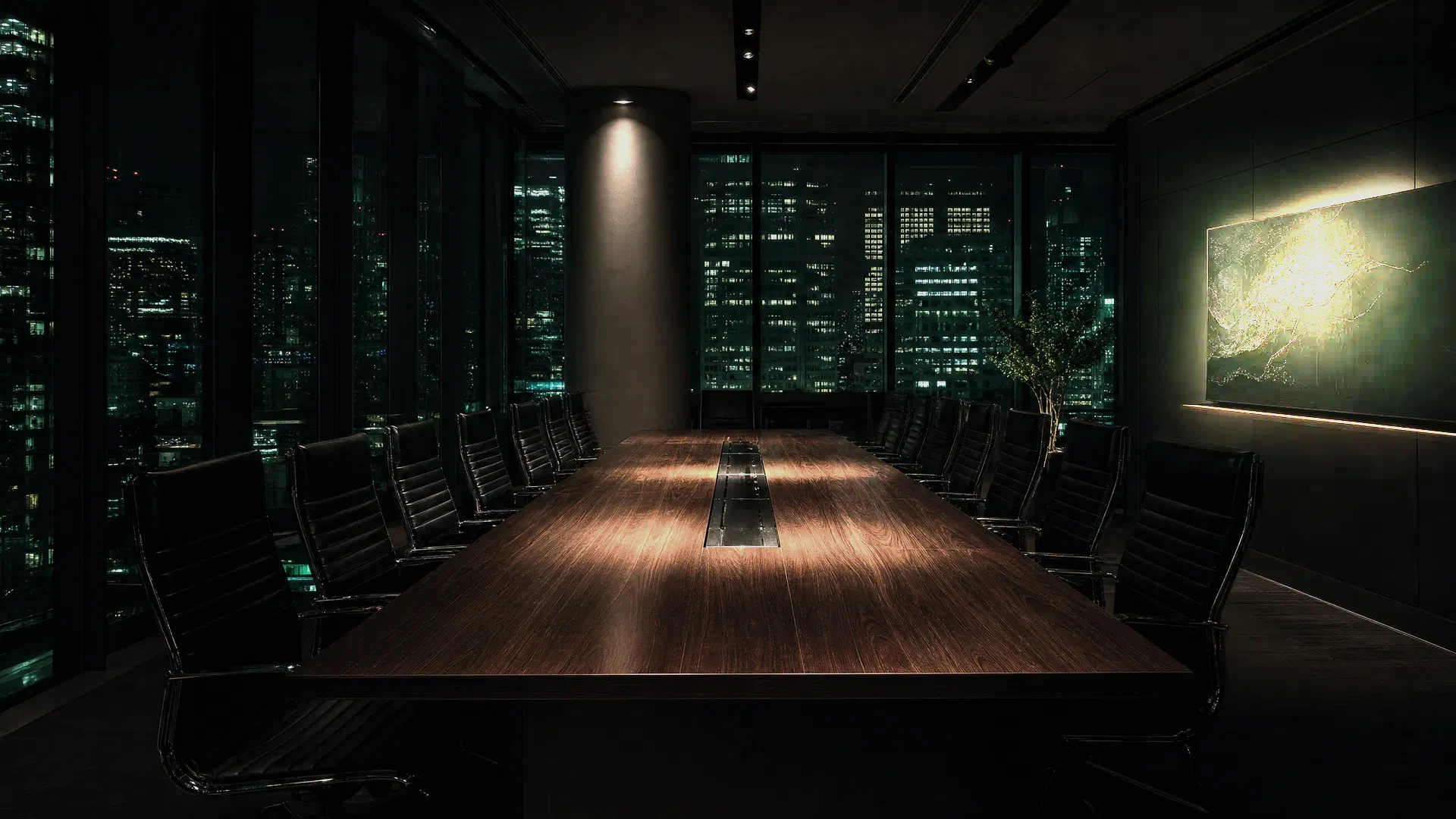 An empty boardroom at night, one lit display on the wall
